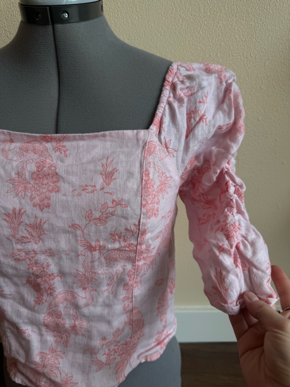 Cynthia Rowley 100% Linen Pink Toile Print Puff Sleeve Corset Top Cottagecore - Picture 4 of 12